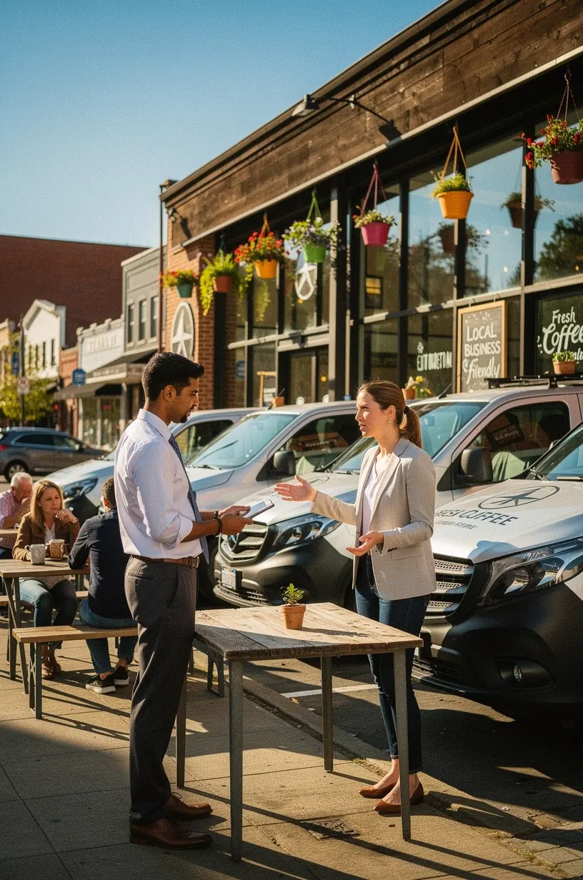 Группа автомобилей малого бизнеса на парковке с акцентом на страховое покрытие и безопасность.